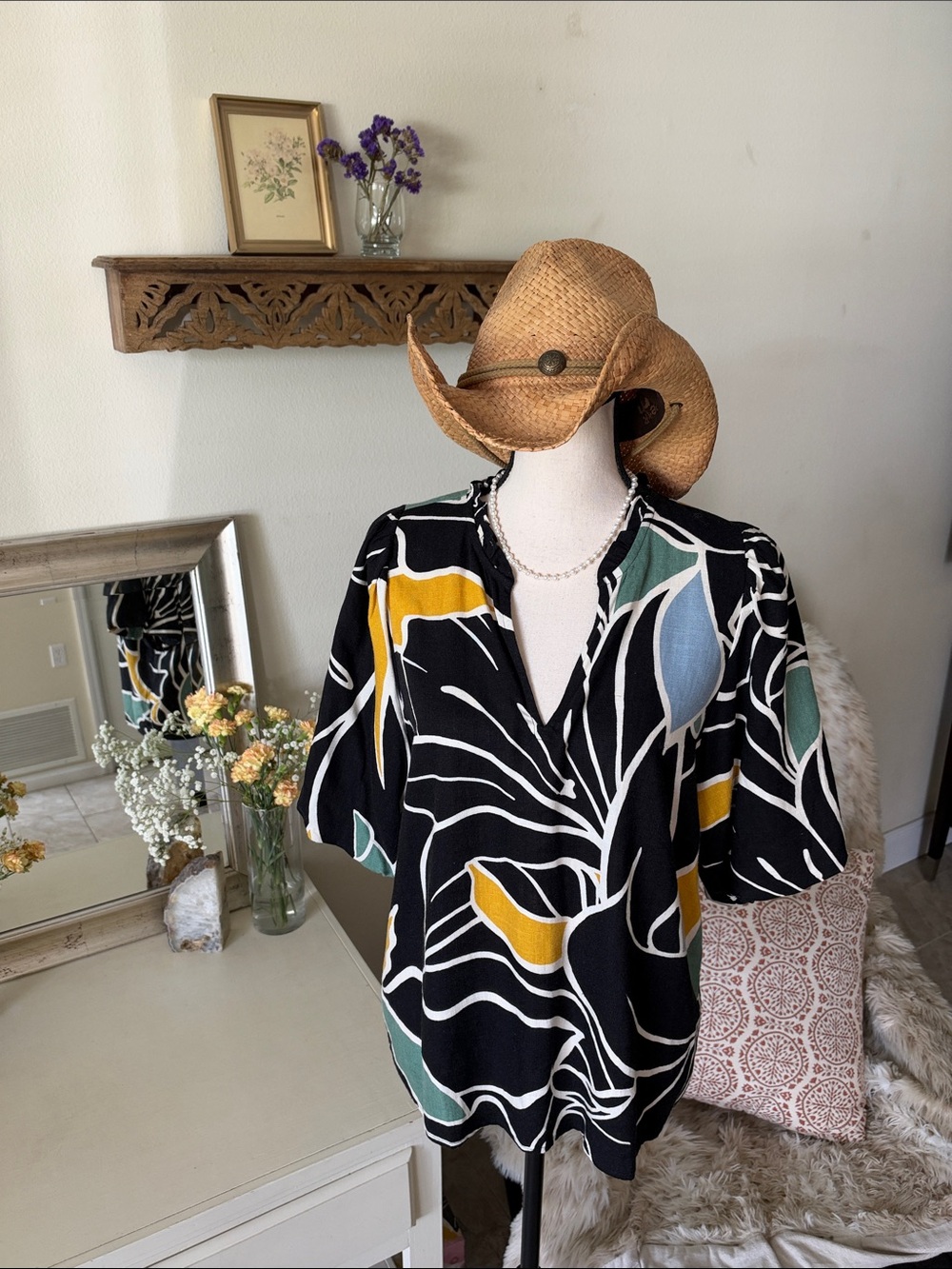 Ann Taylor black linen blend multicolor tropical puff sleeve blouse top M